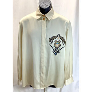 Vintage Louis Feraud 1990s Ivory Embroidered Logo Blouse Size 12